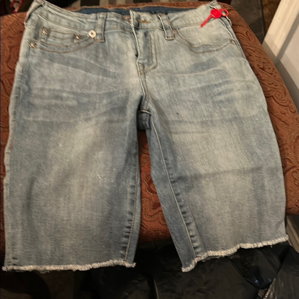 Light Blue Denim Shorts with Red Accent